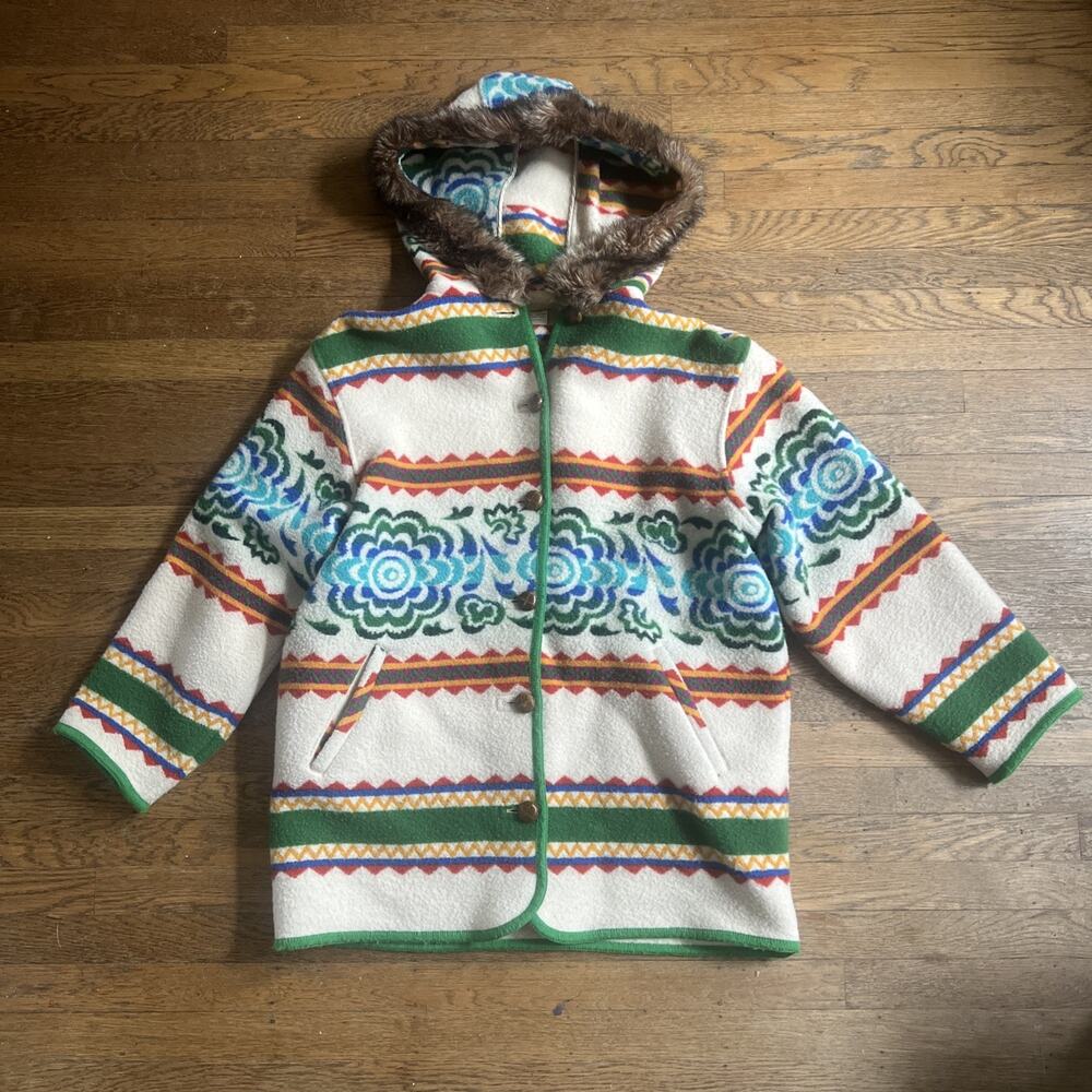 Vintage Benetton Italy Wool Hooded Fur Aztec Navajo Colorful Jacket Coat 42